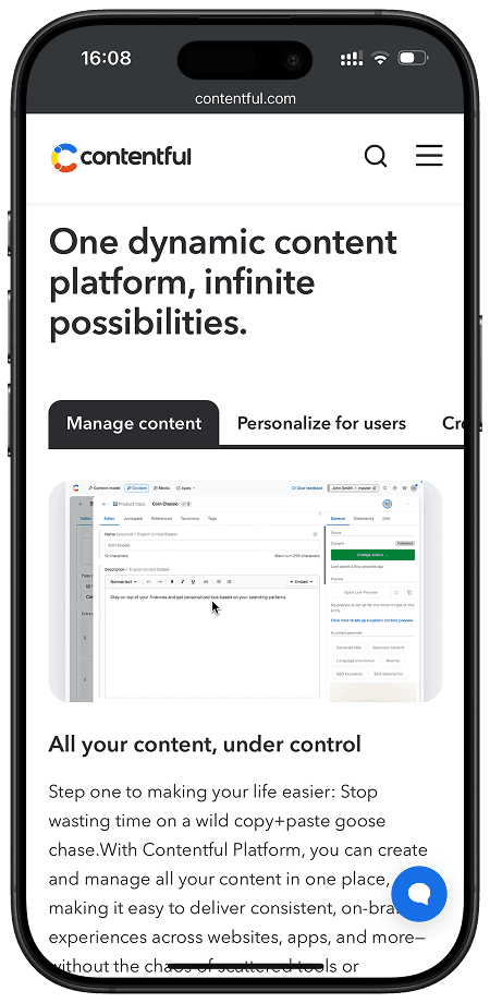 Contentful website displayed on a smartphone screen, showing the headline “One dynamic content platform, infinite possibilities” and a preview of the content management interface for managing and personalizing digital content.