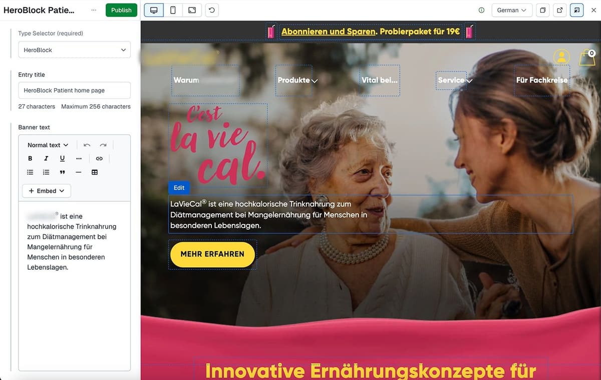 Contentful CMS interface showing live editing of a HeroBlock component for a healthcare brand homepage, with structured fields on the left and real-time preview of the hero section, navigation, headline, and CTA button on the right.
